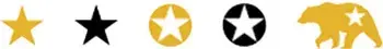 Gold star, black star, gold circle with white star, black circle with white star, gold bear with white star